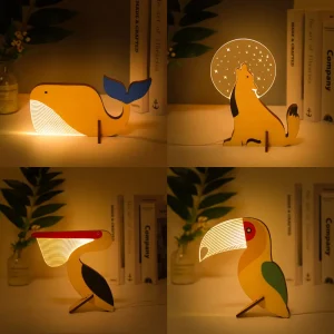 Veilleuse LED Bois & Acrylique – Animaux Lumineux USB
