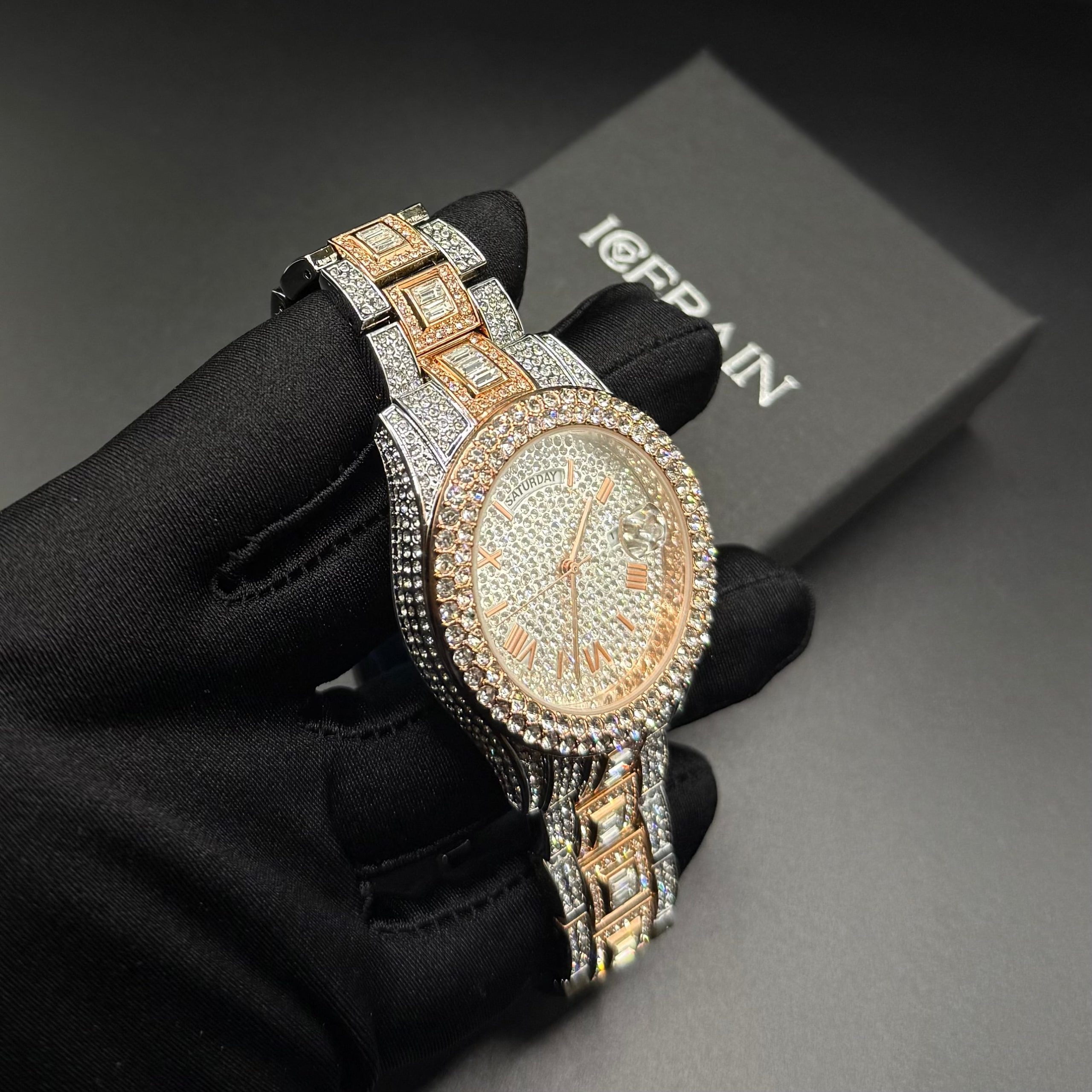 Montre homme luxe – diamant, plaqué or 18K, quartz, jour/date – Image 18