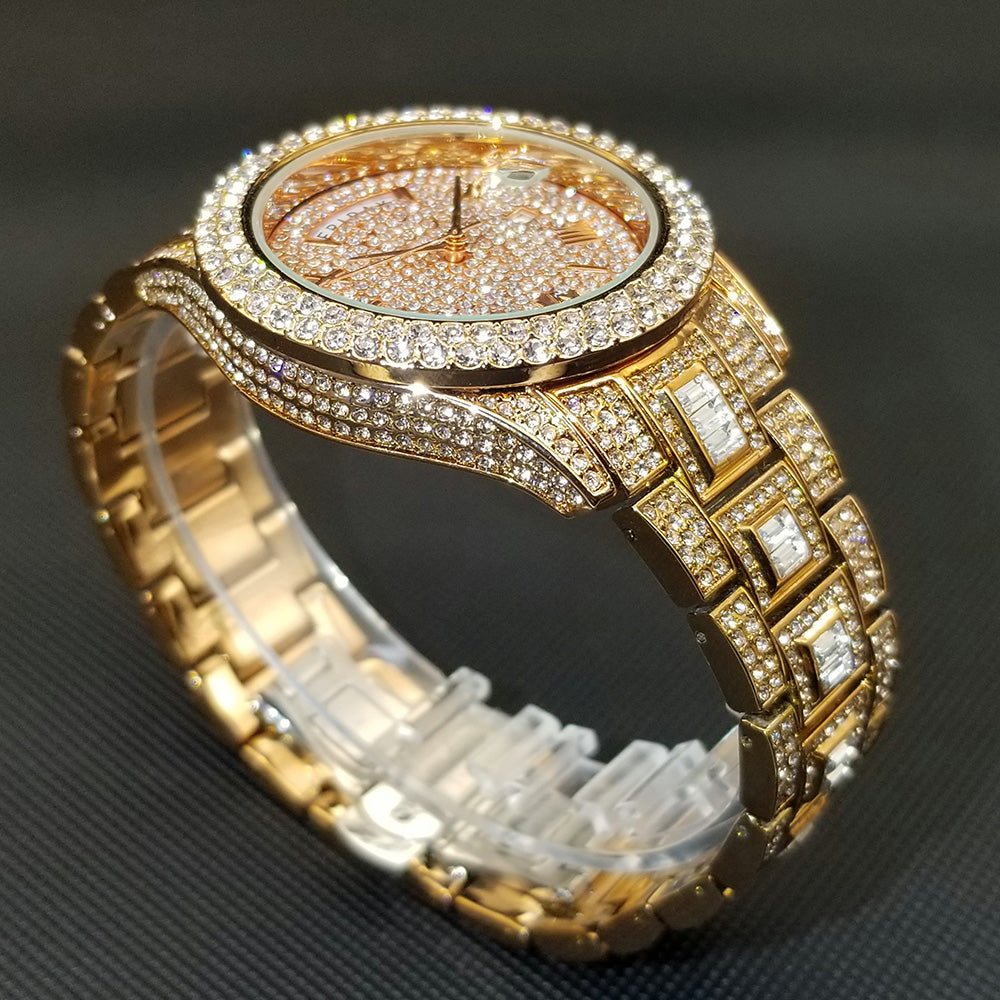 Montre homme luxe – diamant, plaqué or 18K, quartz, jour/date – Image 32