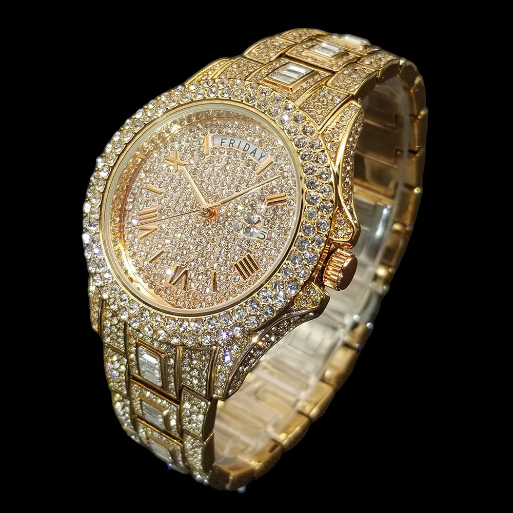 Montre homme luxe – diamant, plaqué or 18K, quartz, jour/date – Image 9