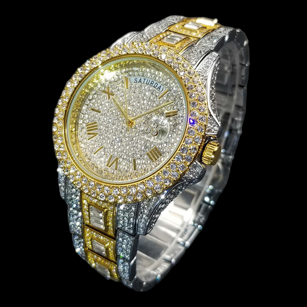 Montre homme luxe – diamant, plaqué or 18K, quartz, jour/date – Image 5