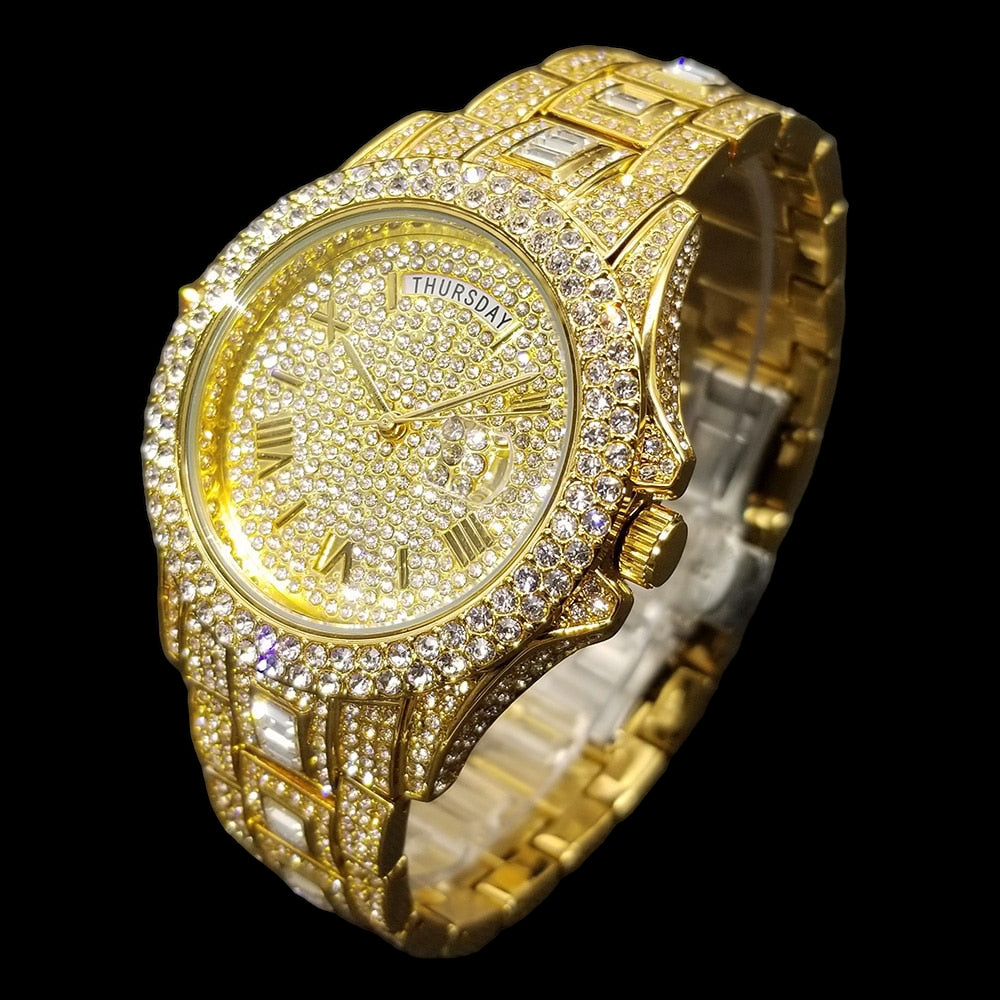 Montre homme luxe – diamant, plaqué or 18K, quartz, jour/date – Image 8