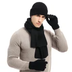 Ensemble bonnet gants homme – écharpe tricot laine, automne hiver