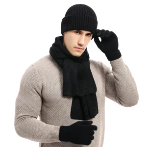 Ensemble bonnet gants homme – écharpe tricot laine, automne hiver