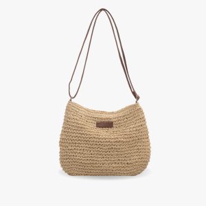 Sac à main en paille tressée beige avec bandoulière en cuir marron, style bohème chic, idéal pour l'été et les sorties décontractées.