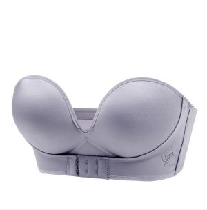 Soutien-gorge bustier gris sans bretelles, design lisse et rembourré, fermeture à agrafes, lingerie féminine élégante et confortable.