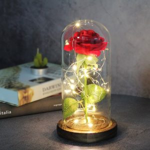 Rose éternelle rouge sous verre avec LED rouge