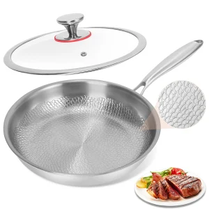 Poêle Inox Antiadhésive Nid d’Abeille 28 cm – Tous Feux avec Couvercle