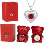 Collier Pendentif Cœur Rouge avec Boîte Ours Rose