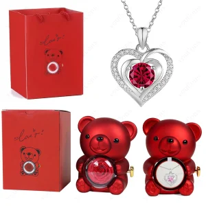 Collier Pendentif Cœur Rouge avec Boîte Ours Rose