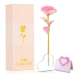 Rose rose à paillettes avec coffret cadeau de luxe et socle en cristal,