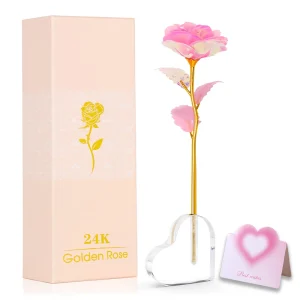 Rose rose à paillettes avec coffret cadeau de luxe et socle en cristal,