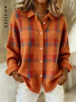 Chemise Femme Plaid Cardigan Col Revers Pull Décontracté