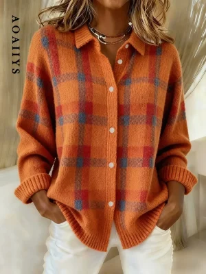 Chemise Femme Plaid Cardigan Col Revers Pull Décontracté