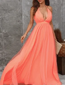 Robe Femme Soirée Orange Taille Haute Longue Sexy