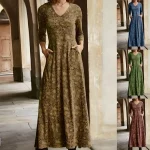 Robe Femme Longue Manches Longues Col V Poches