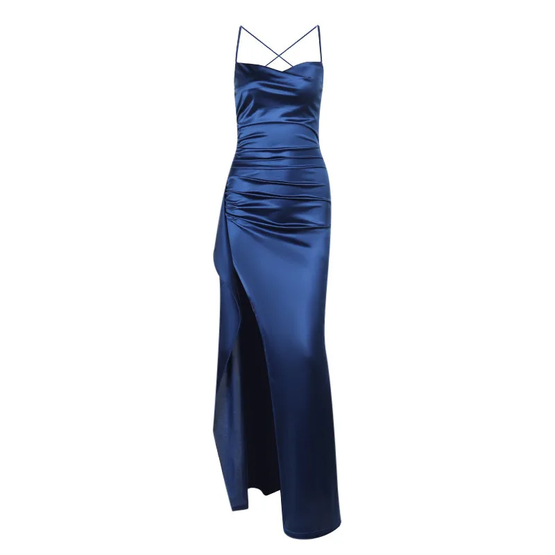Robe Longue Satin Femme Fendue Taille Haute Col V – Image 8