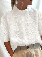 Blouse Femme Été Coton Lin Col Creux Dentelle