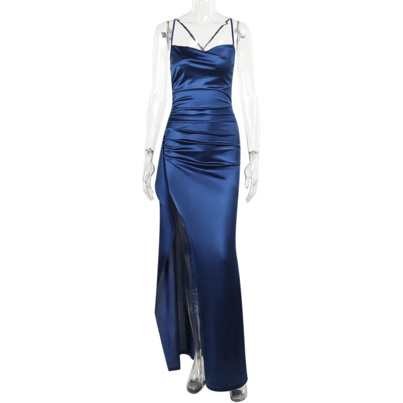 Robe Longue Satin Femme Fendue Taille Haute Col V – Image 4