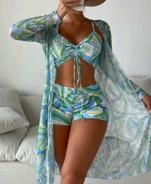 Maillot Bain Femme 3 Pièces Bikini Paréo Plage Été