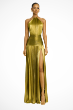 Robe Maxi Satin Plissée Col Halter Invitée Mariage