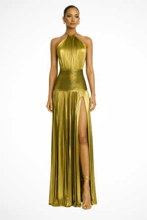 Robe Maxi Satin Plissée Col Halter Invitée Mariage