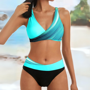 Bikini Femme Taille Haute Colorblock Plage Piscine