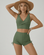 Maillot femme vert olive taille haute ajustable été