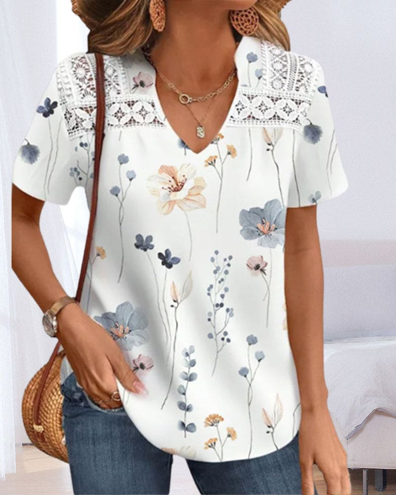 T-shirt Femme Col V Floral Dentelle Coupe Décontractée – Image 2