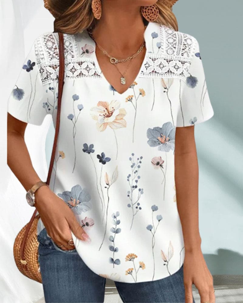 T-shirt Femme Col V Floral Dentelle Coupe Décontractée – Image 3