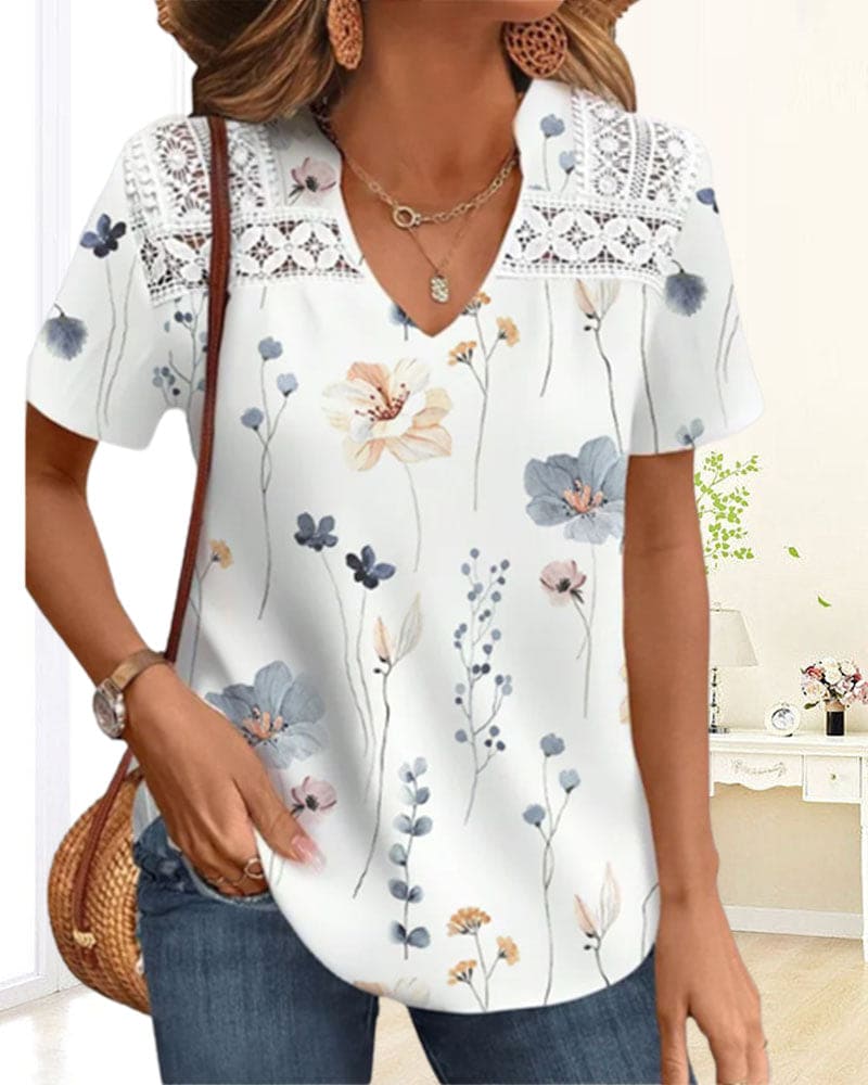 T-shirt Femme Col V Floral Dentelle Coupe Décontractée – Image 4