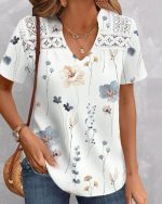 T-shirt Femme Col V Floral Dentelle Coupe Décontractée