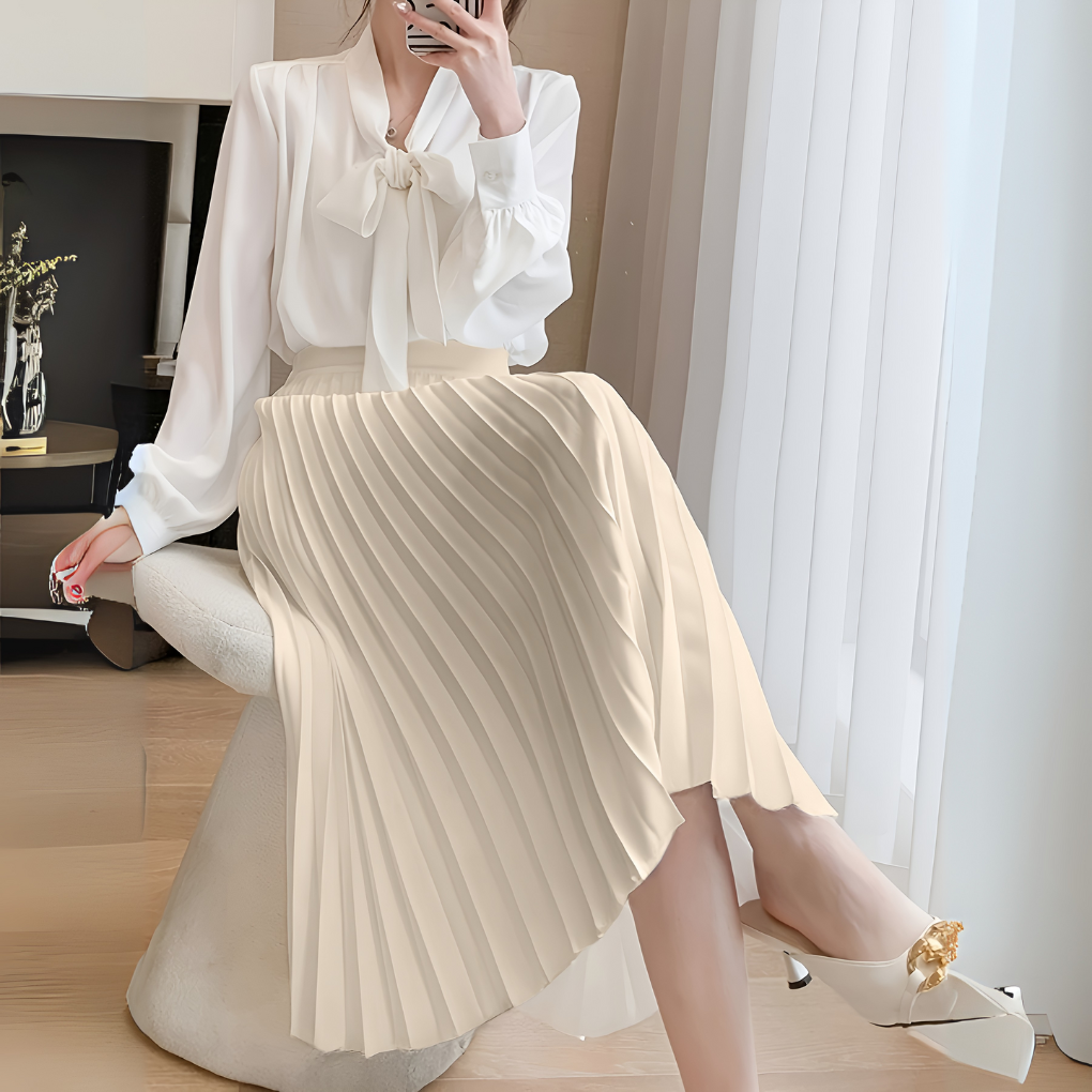Jupe plissée satin femme – Coupe midi taille haute chic – Image 3
