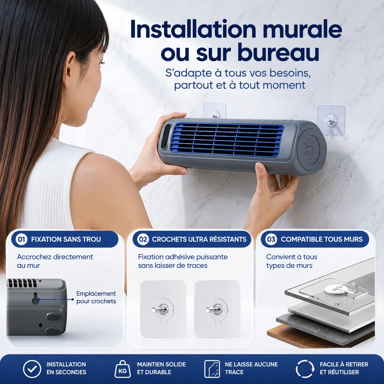 Ventilateur portable rechargeable 2000mAh mural et bureau – Image 2