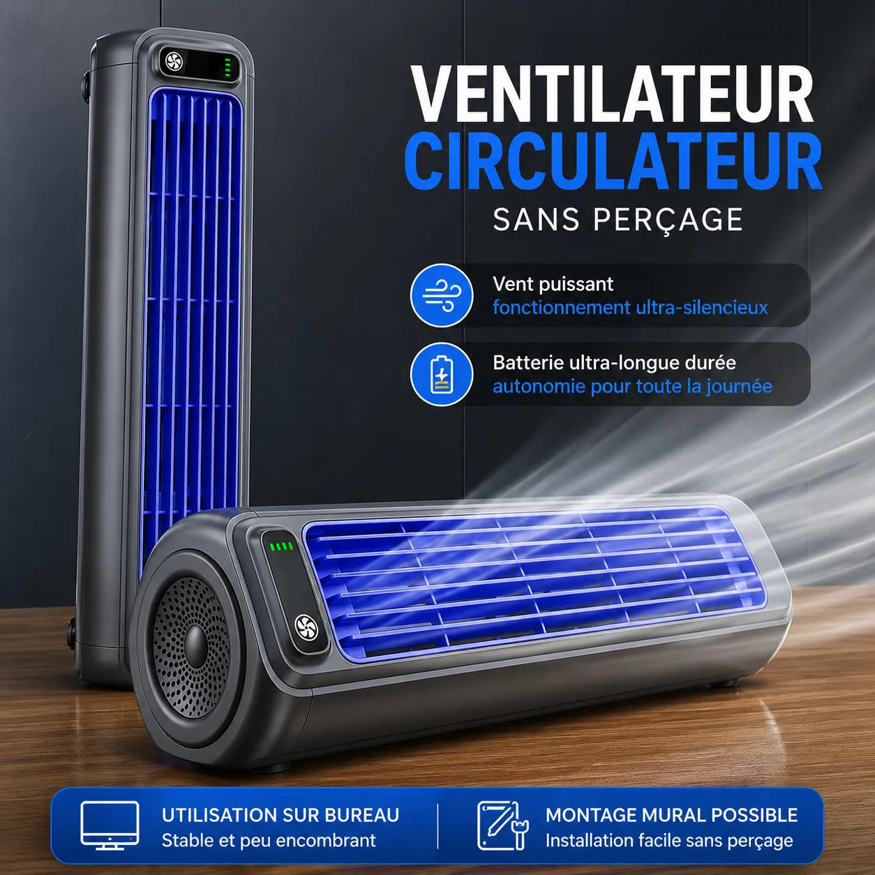 Ventilateur portable rechargeable 2000mAh mural et bureau – Image 5