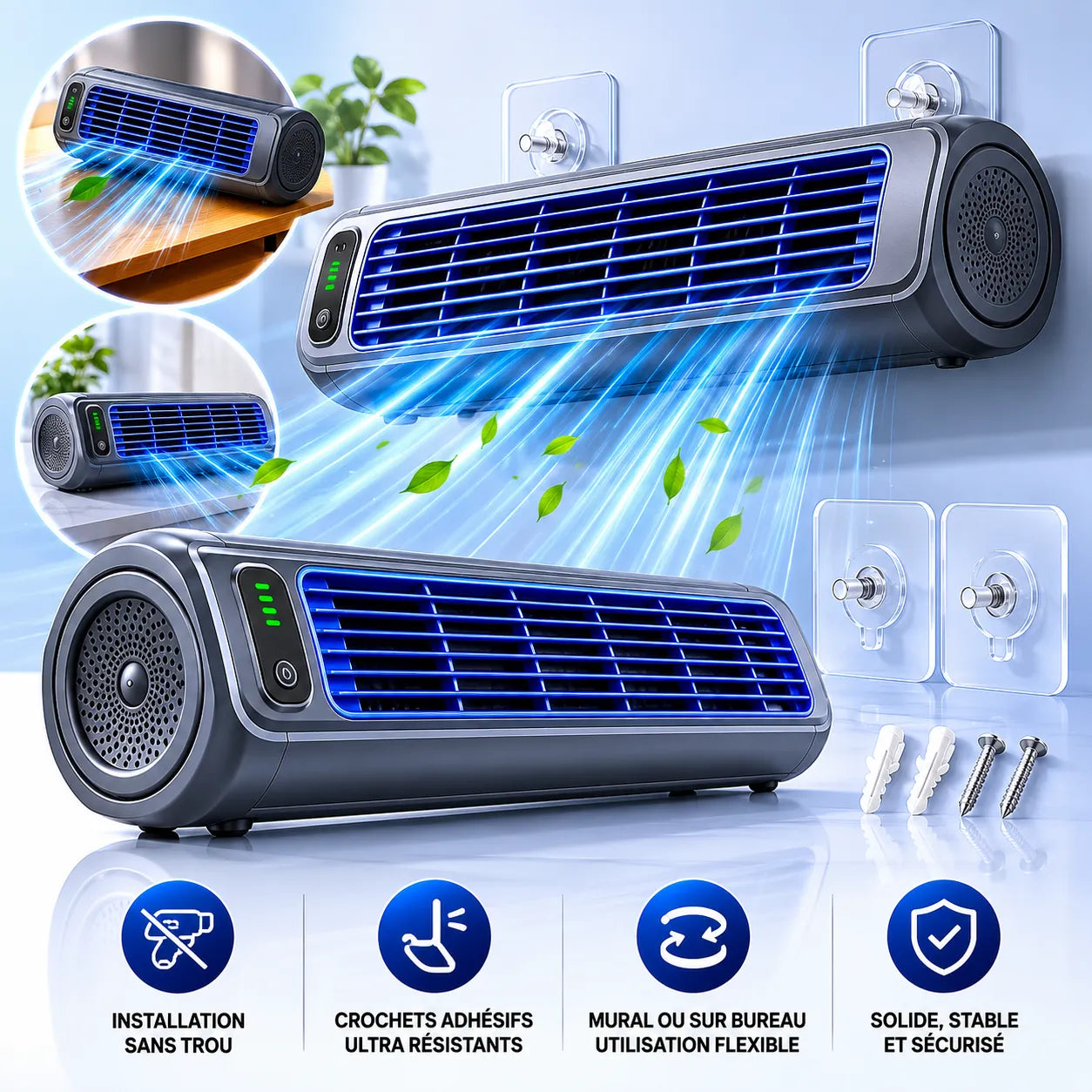Ventilateur portable rechargeable 2000mAh mural et bureau – Image 10