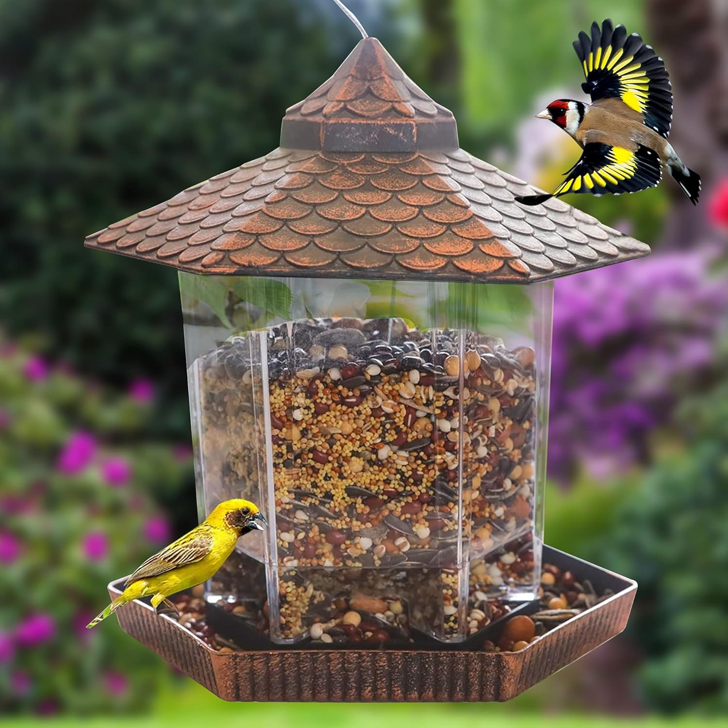 Mangeoire Oiseaux Jardin Suspendue Toit Cuivre Réservoir Graine – Image 3