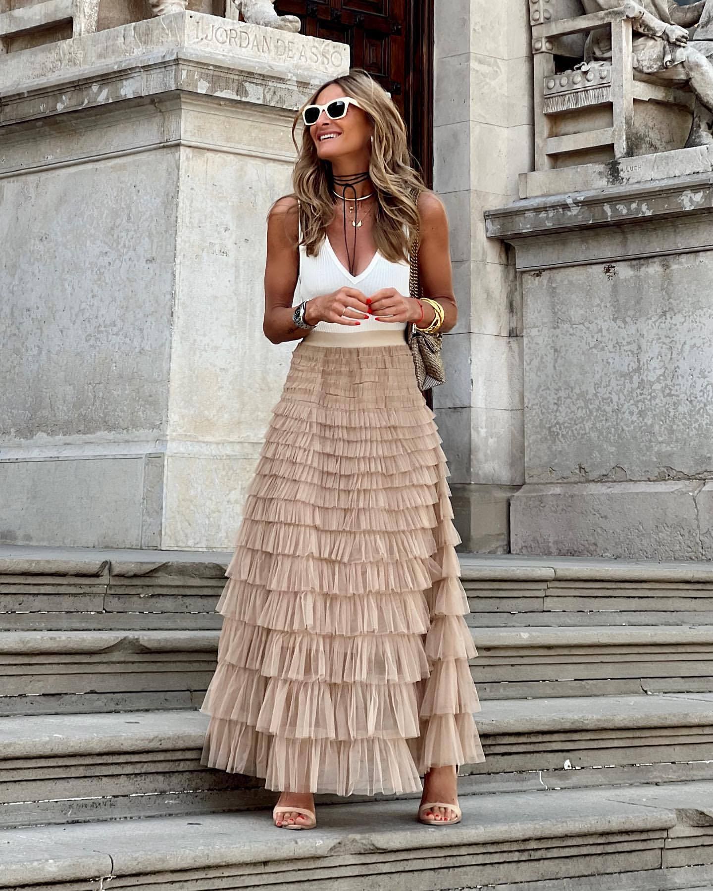 Jupe Maxi Tulle Plissée Confortable Femme