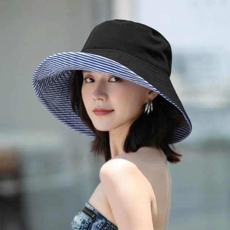 Chapeau Seau Femme Réversible Rayures Été Protection Solaire – Image 3