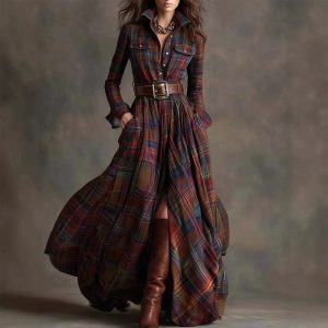 Robe femme à carreaux boutonnée style champêtre