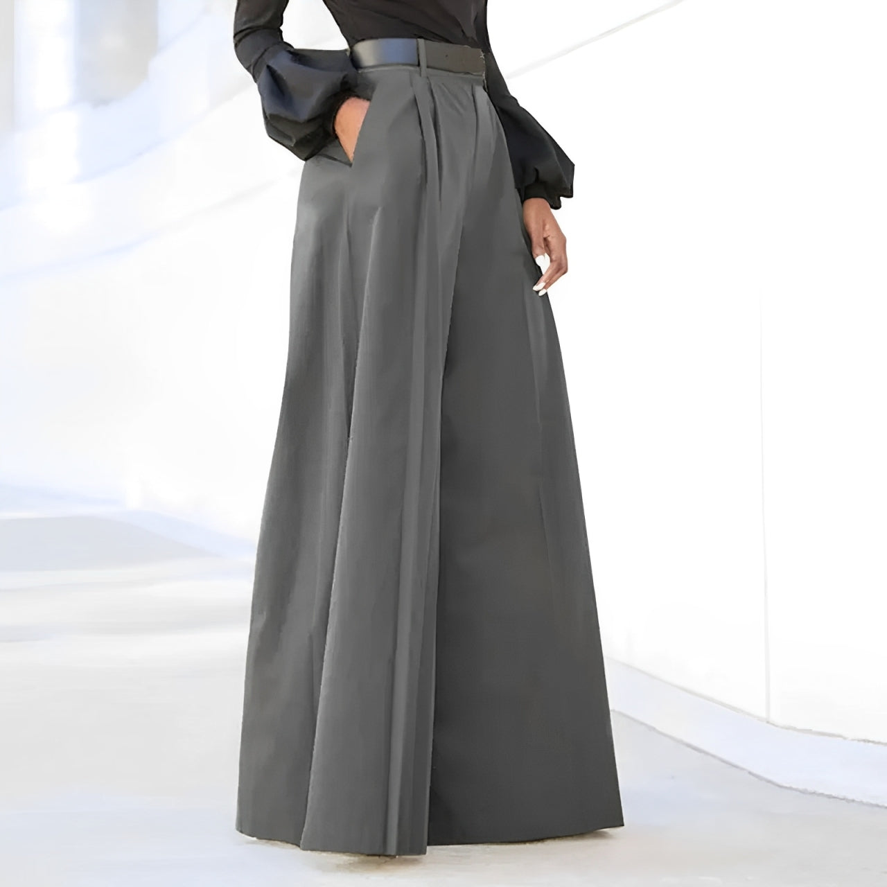 Pantalon Femme Large Taille Haute Plissé Fluide Décontracté – Image 4