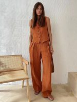 Costume Gilet Pantalon Lin Coton Femme Bureau Casual