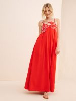 Robe d'Été Maxi Rouge Broderie Originale Poisson