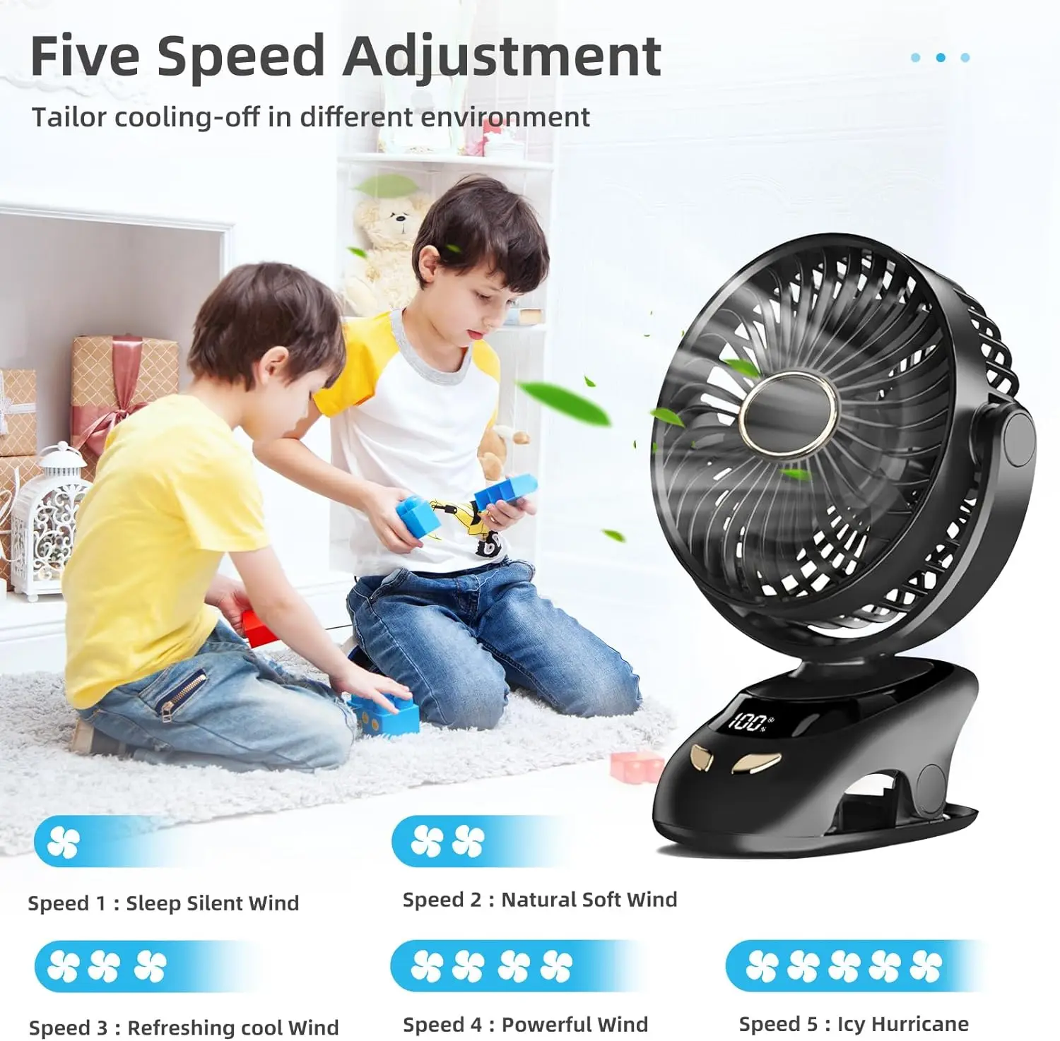 Ventilateur à pince portable USB affichage numérique 5 vitesses – Image 3
