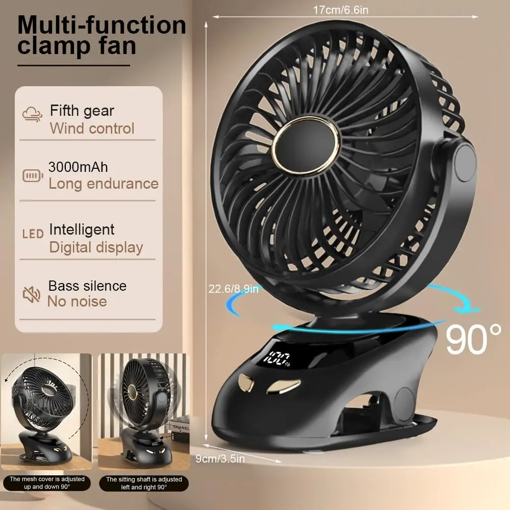 Ventilateur à pince portable USB affichage numérique 5 vitesses – Image 2