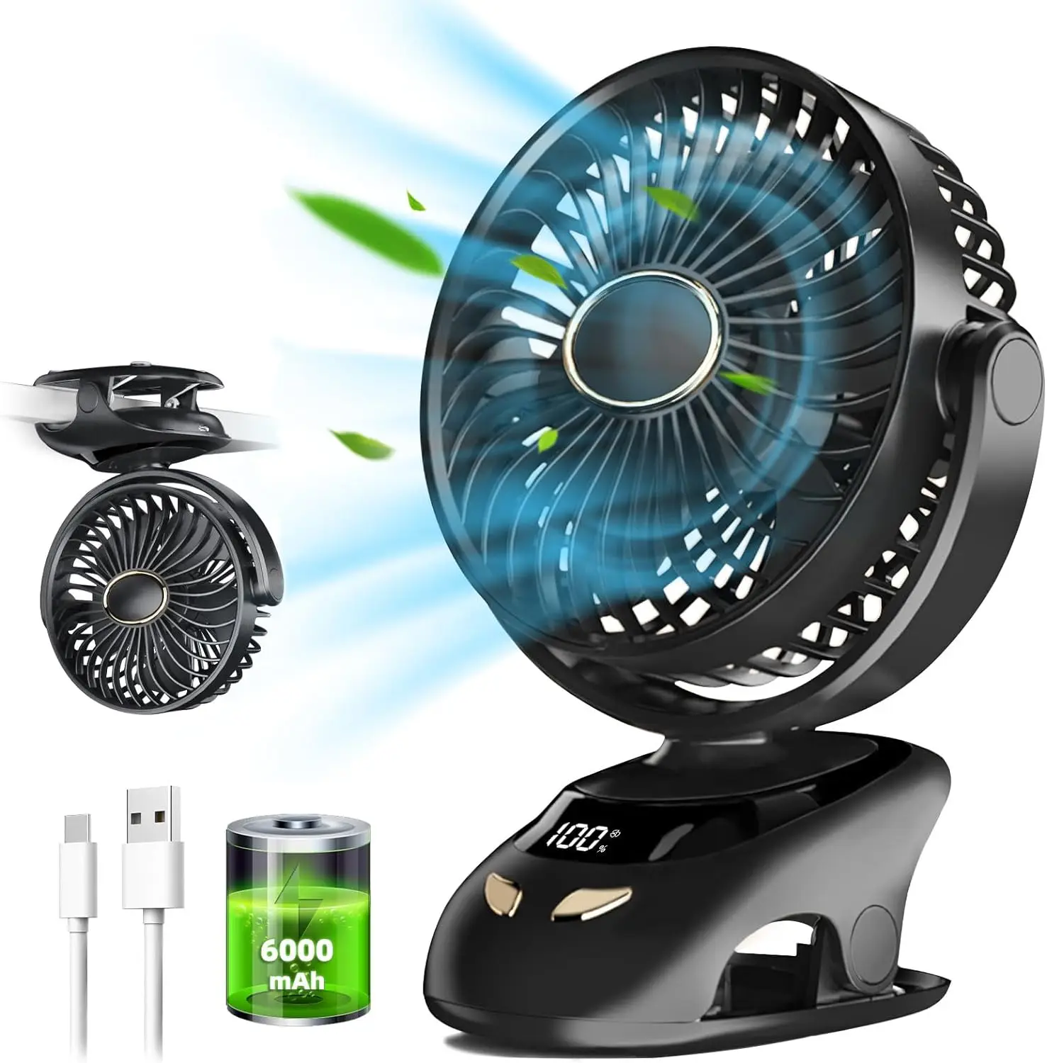 Ventilateur à pince portable USB affichage numérique 5 vitesses
