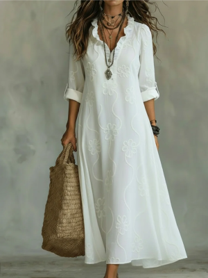 Robe femme coton lin respirant manches trois-quarts