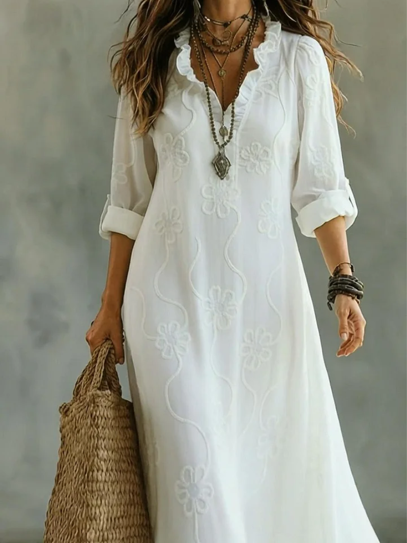 Robe femme coton lin respirant manches trois-quarts – Image 2
