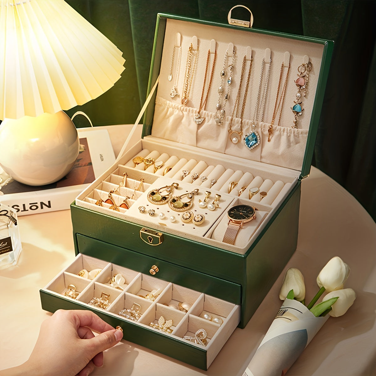 Boîte à bijoux en cuir multi-compartiments élégante – Image 5