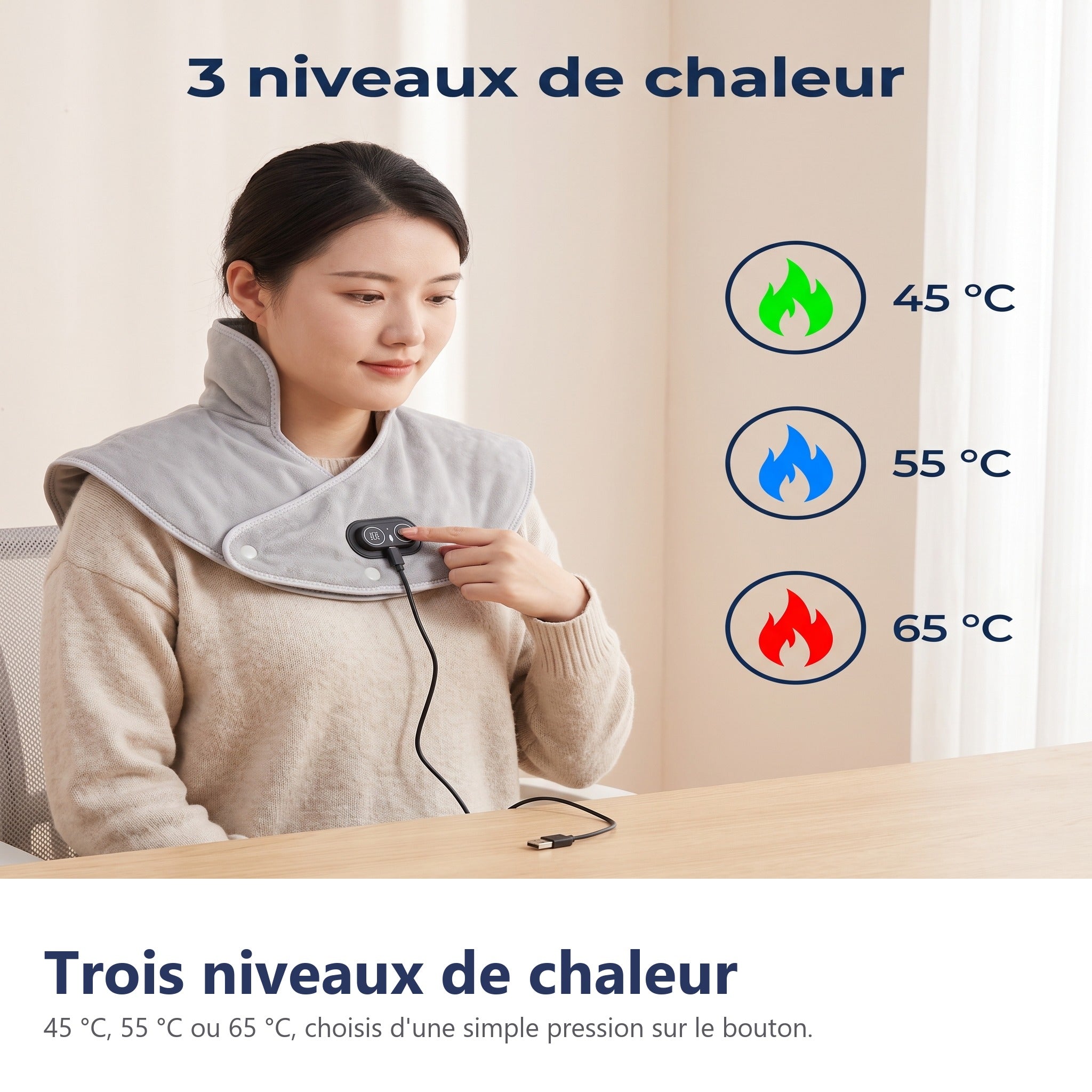 Châle chauffant USB 3 niveaux chaleur et massage – Image 3